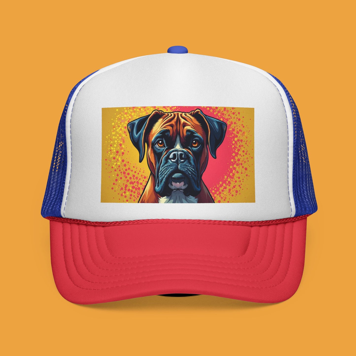 "Pop Art Boxer Dog Trucker Cap - Vibrant Colorful Design | Artistic Snapback Hat | Retro Street Style Baseball Cap for Dog Lovers"