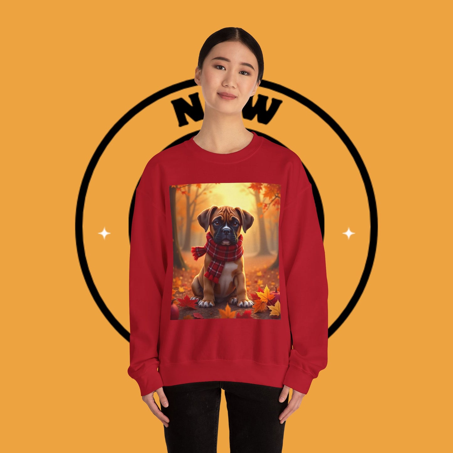 Cute Boxer Puppy Autumn Crewneck Sweatshirt | Fall Dog Lover Gift | Cozy Plaid Scarf Design