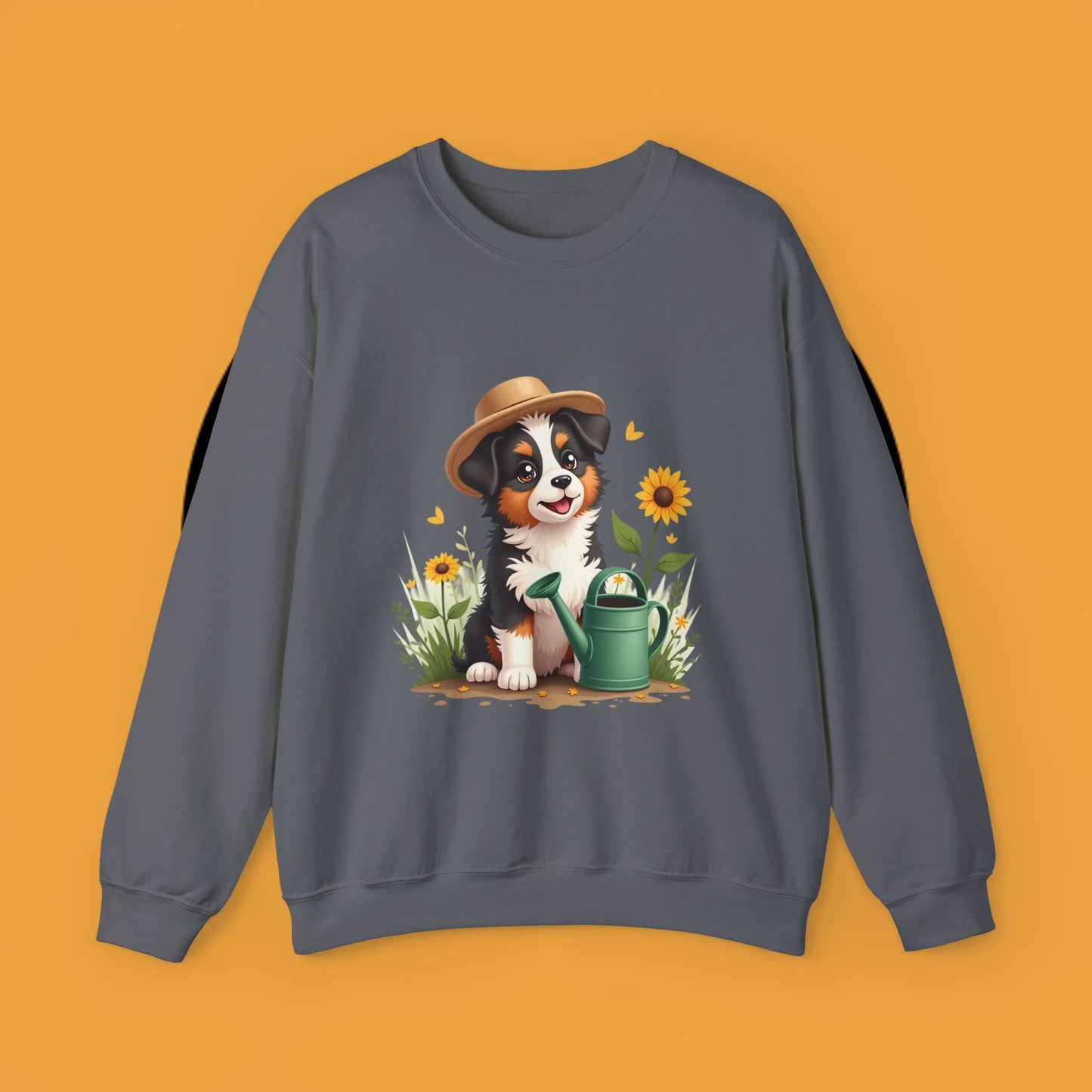 Garden Dog Crewneck Sweatshirt - Cute Puppy Gardener with Sunflowers Design | Green Thumb Gift
