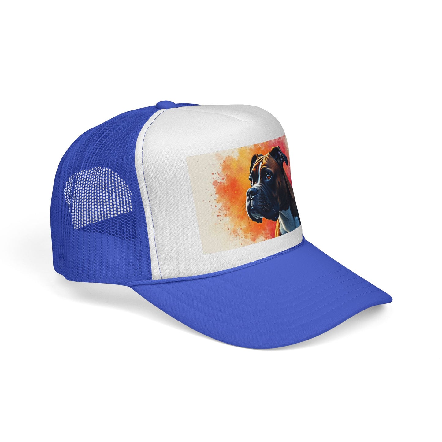 "Watercolor Sunset Boxer Dog Trucker Cap - Artistic Profile Design | Premium Snapback Hat | Fine Art Streetwear for Dog Lovers"