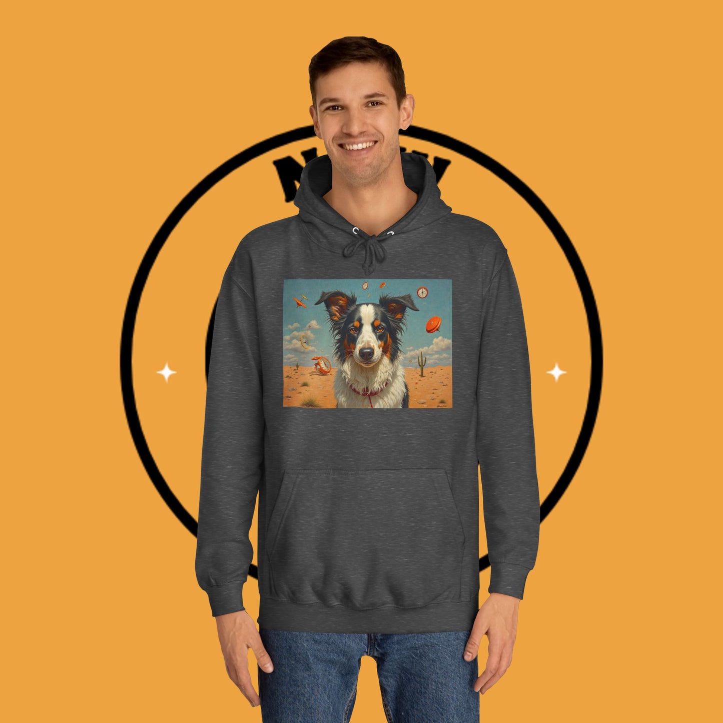 "Surreal Border Collie Time Desert Hoodie - Flying Clocks Artistic Dog Sweatshirt | Dreamlike Fantasy Design"