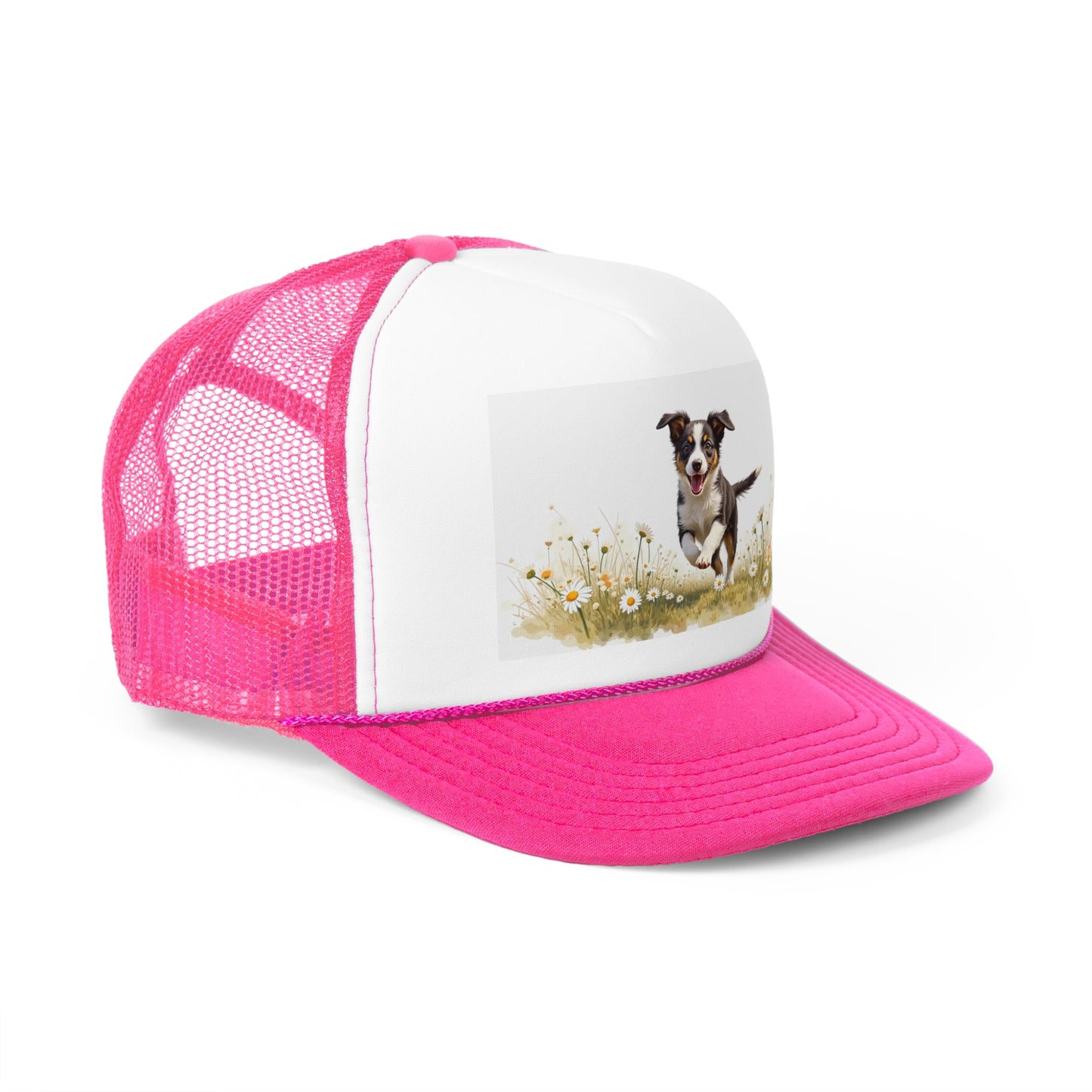 Happy Puppy in Daisies Trucker Hat - Joyful Dog Running Cap - Spring Meadow Baseball Hat