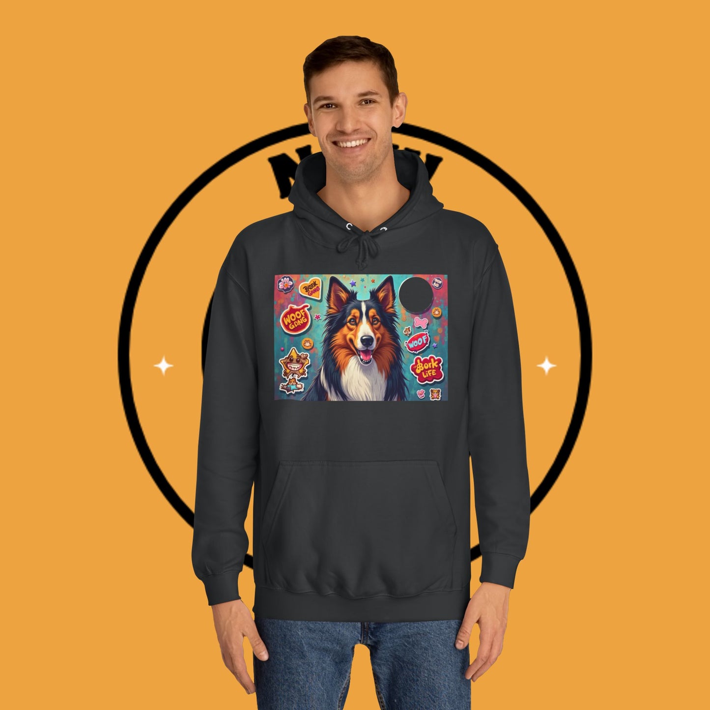"Dog Sticker Pack Hoodie - Vibrant Collie with Fun Dog Patches Design | Millennial Pet Lover Streetwear"