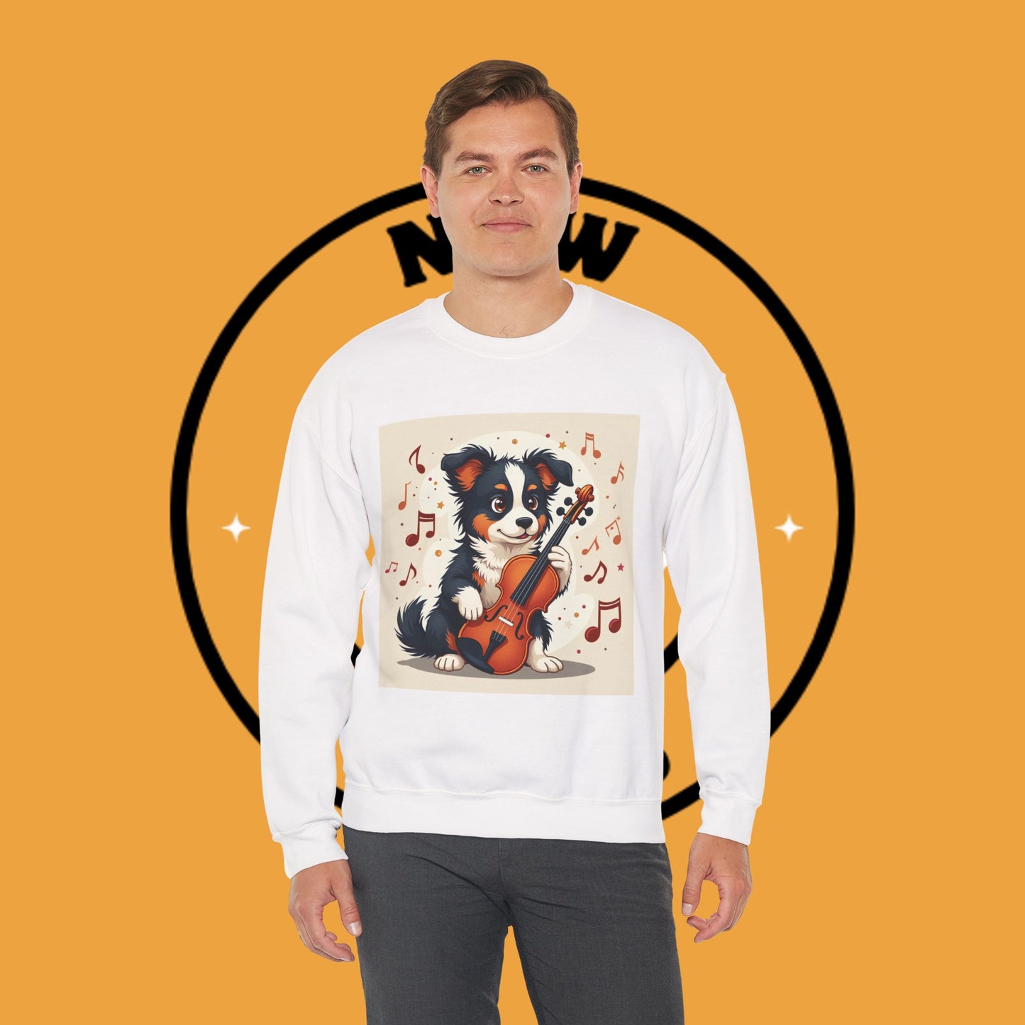 Music Dog Crewneck Sweatshirt - Cute Puppy Violinist with Musical Notes Design | Musician Gift