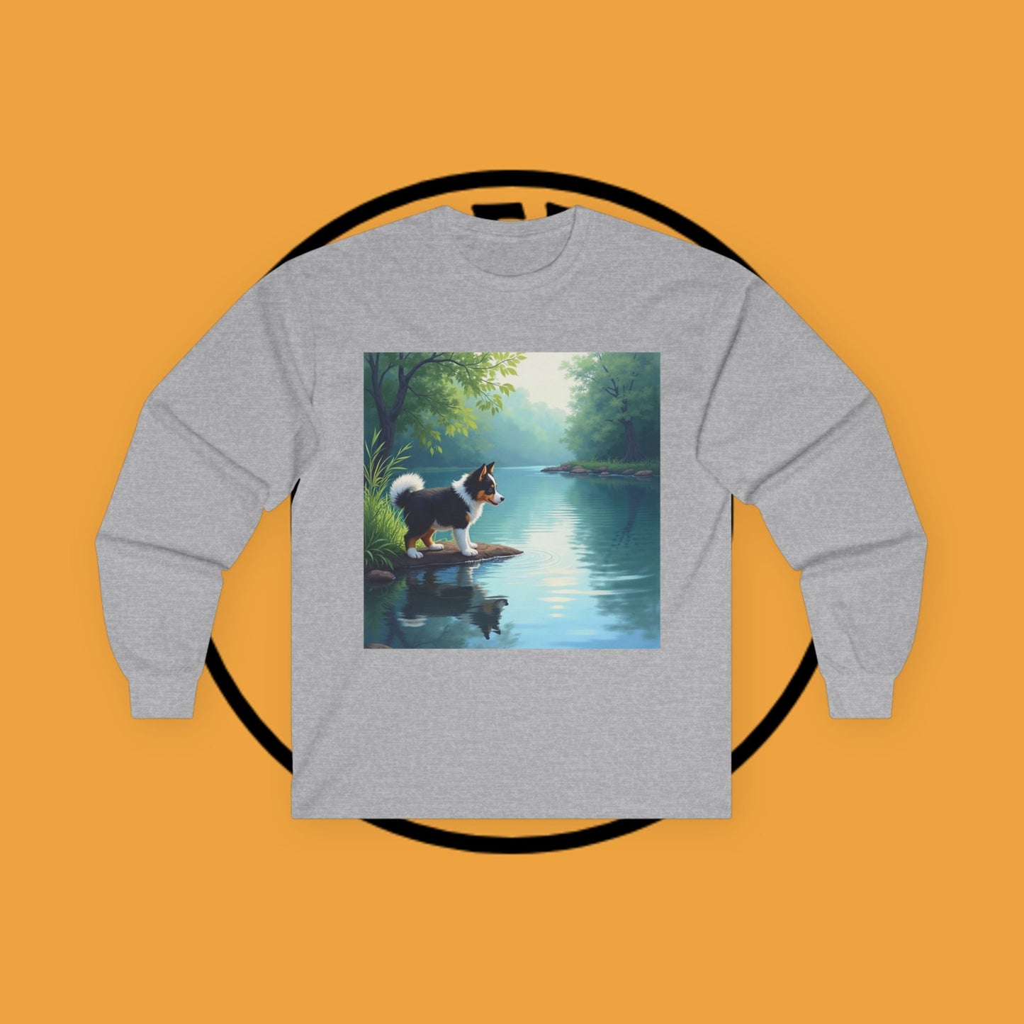 "Adorable Puppy by Tranquil Lake Long Sleeve Tee - Peaceful Nature Dog Art Shirt - Serene Landscape Apparel"