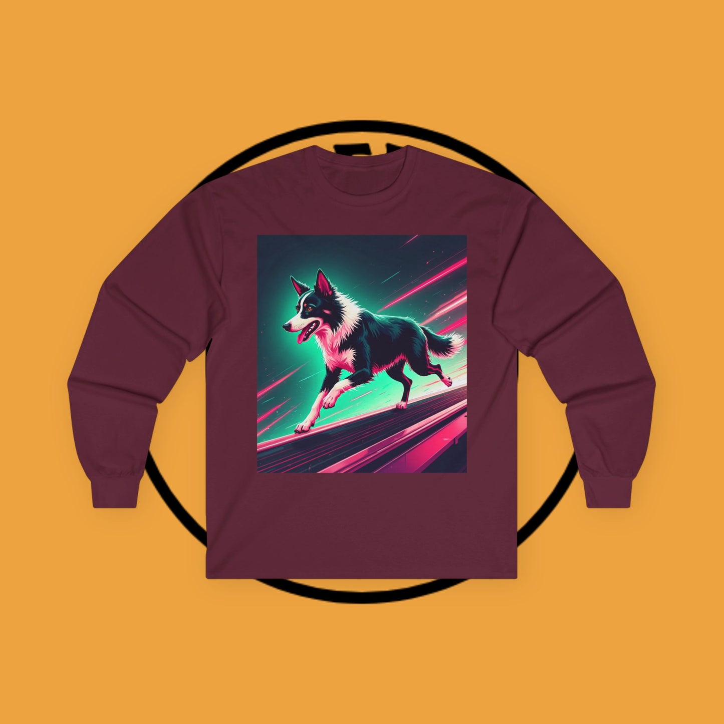 "Neon Speed Dog Long Sleeve Tee - Cyberpunk Running Border Collie Shirt - Futuristic Animal Art Apparel"