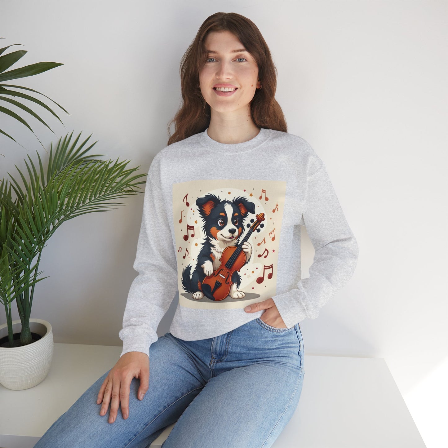 Music Dog Crewneck Sweatshirt - Cute Puppy Violinist with Musical Notes Design | Musician Gift