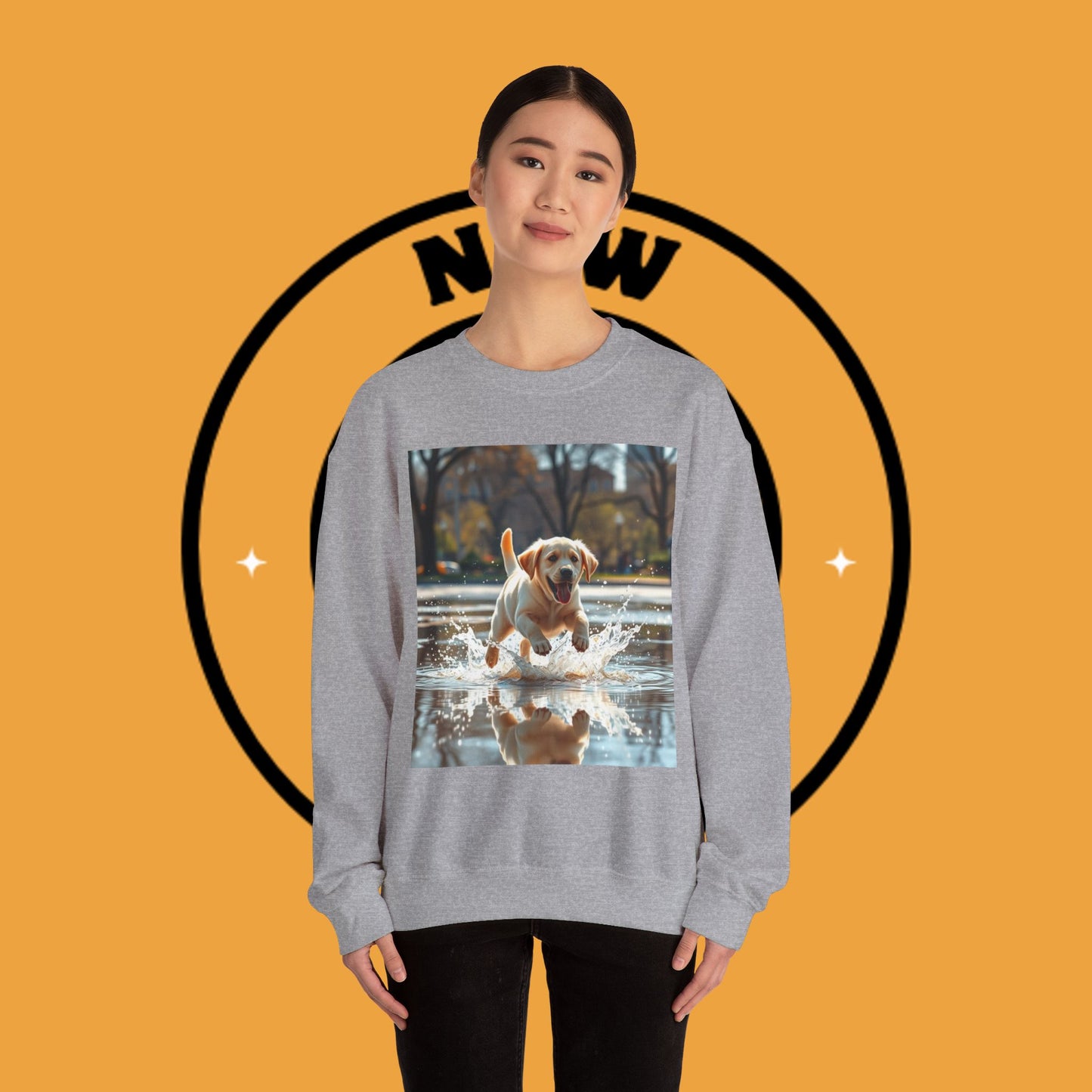 Unisex Dog Lover Crewneck Sweatshirt -Labrador Puppy Running in Water - Happy Dog Splashing in Puddle