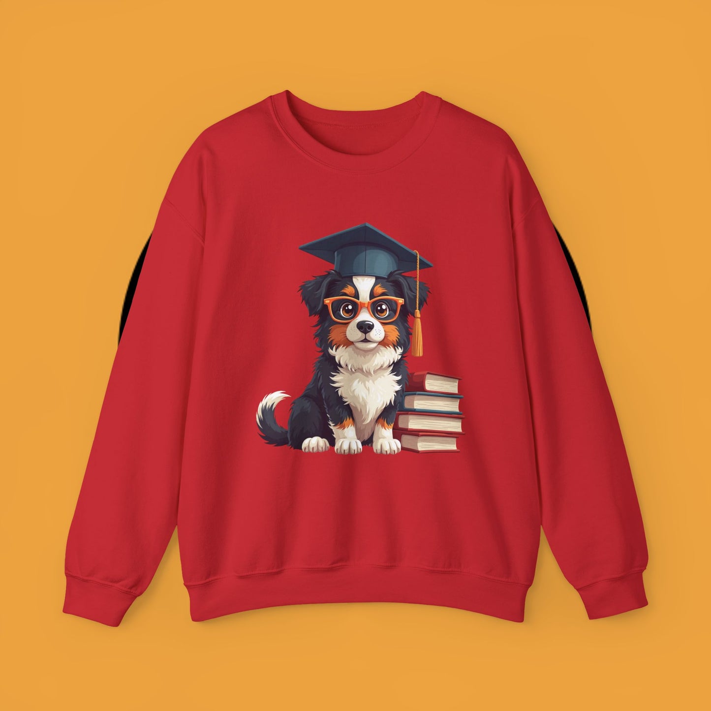 Graduation Dog Crewneck Sweatshirt - Smart Puppy Graduate Cap Books | Academic Achievement Gift