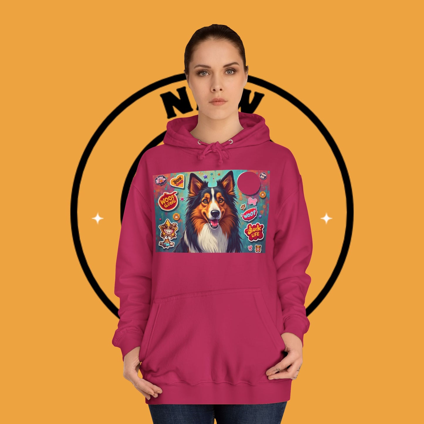 "Dog Sticker Pack Hoodie - Vibrant Collie with Fun Dog Patches Design | Millennial Pet Lover Streetwear"