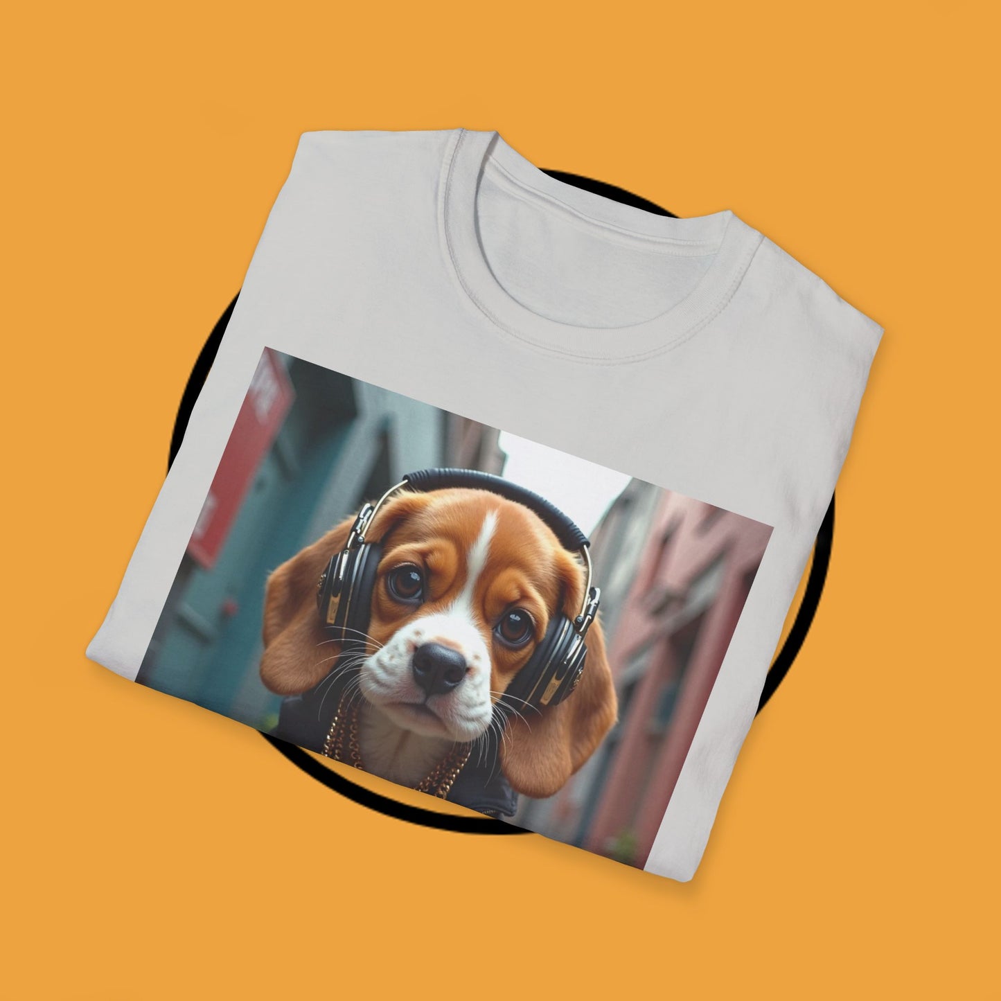 Hip Hop Beagle Dog T-Shirt - Cool Puppy with Headphones & Gold Chains Graphic Tee
