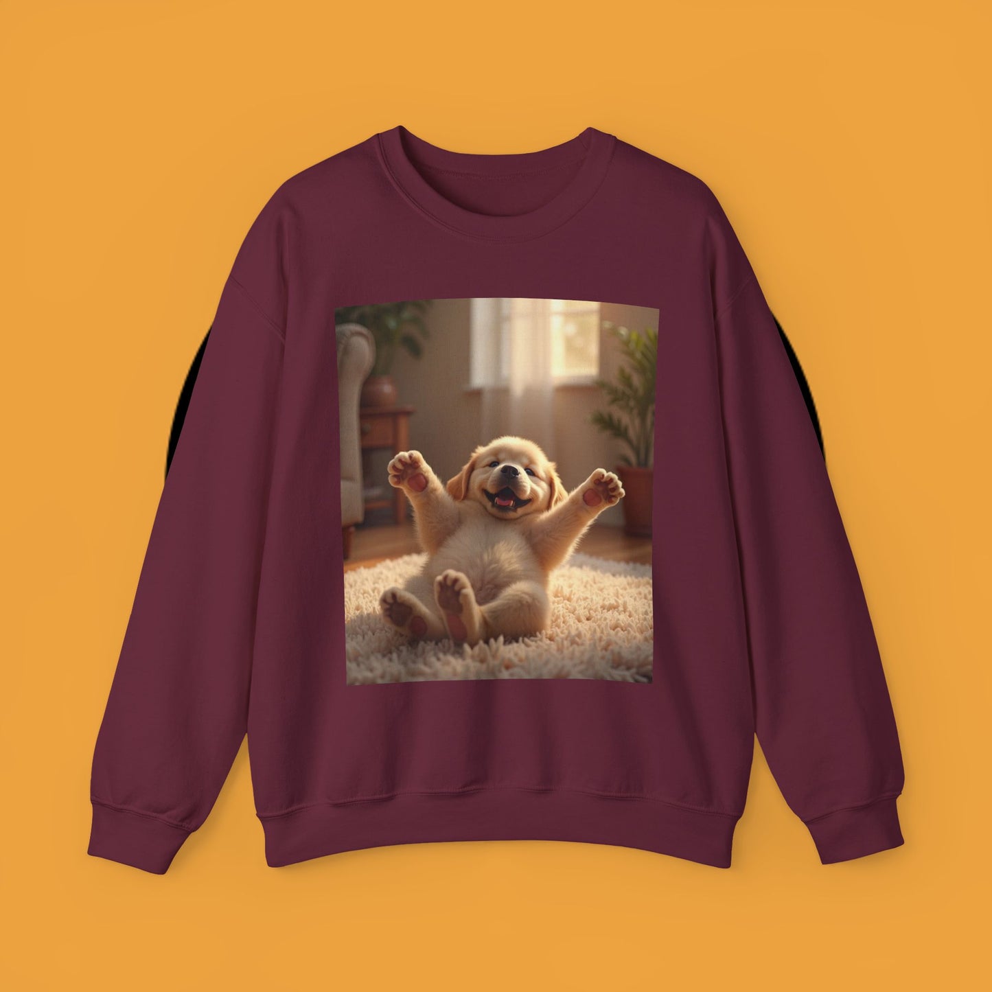 Unisex Dog Lover Crewneck Sweatshirt - Joyful Paws: Yellow Lab Puppy Stretching on Plush Carpet