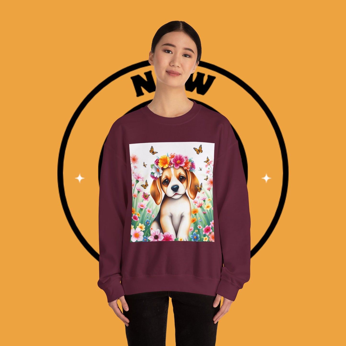 Flower Wreath Dog Crewneck Sweatshirt - Spring Beagle Design with Butterflies