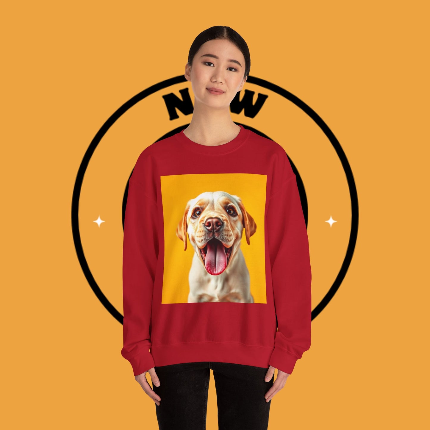 Unisex Dog Lover Crewneck Sweatshirt - Smiling Yellow Lab on vibrant yellow background