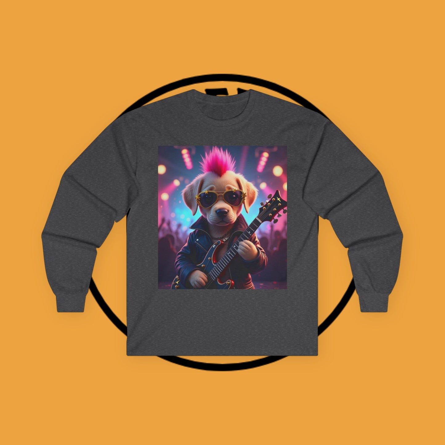 Long Sleeve T-Shirt - Punk Puppy with Electric Guitar - Design for Music Lovers Rockin' - Dog with Electric Guitar and Pink Mohawk - 🎸🐾