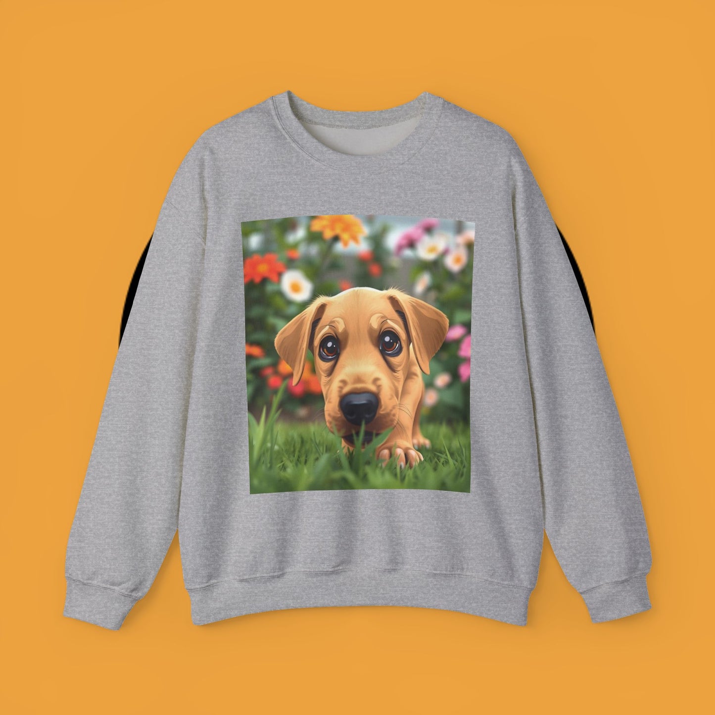 Unisex Dog Lover Crewneck Sweatshirt - Cute puppe with big eyes in floral garden
