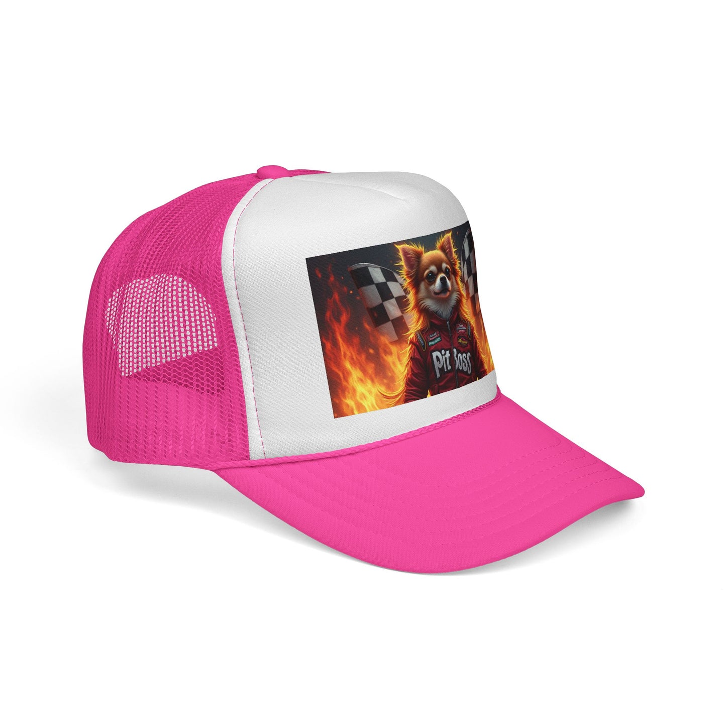 Pit Boss Chihuahua Racing Trucker Hat - Checkered Flag Fire Cap | Motorsports Dog Lover Speed Racing Baseball Hat