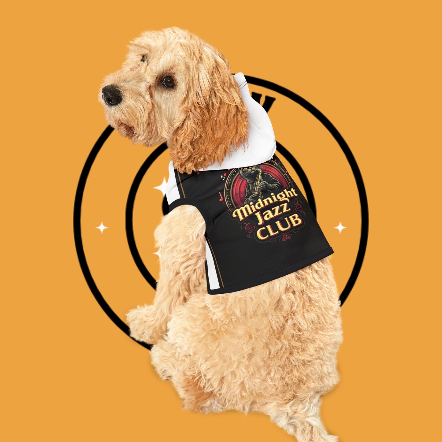 Midnight Jazz - cat playing saxo - Vintage Pet Hoodie - Cute & Comfy Dog & Cat Apparel for Happy Pets