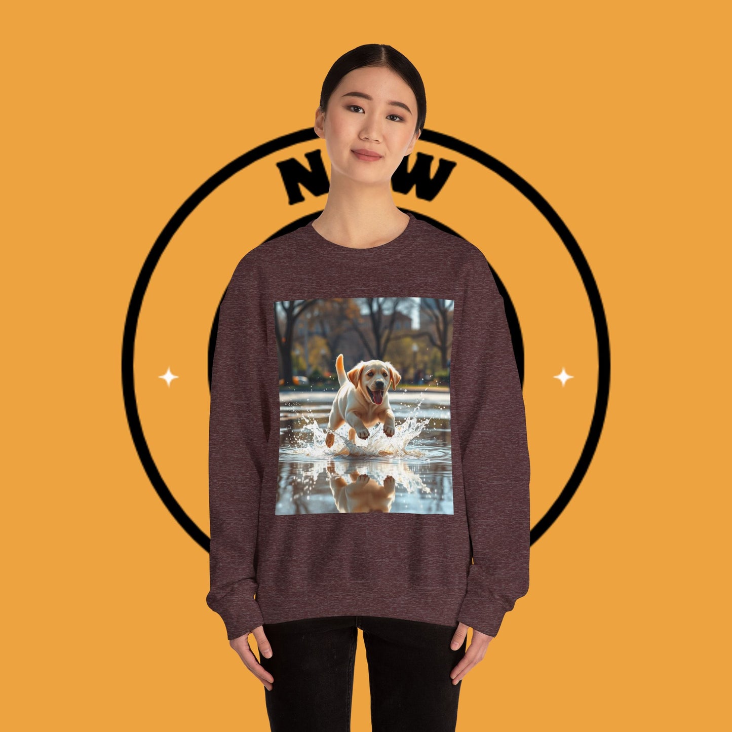 Unisex Dog Lover Crewneck Sweatshirt -Labrador Puppy Running in Water - Happy Dog Splashing in Puddle