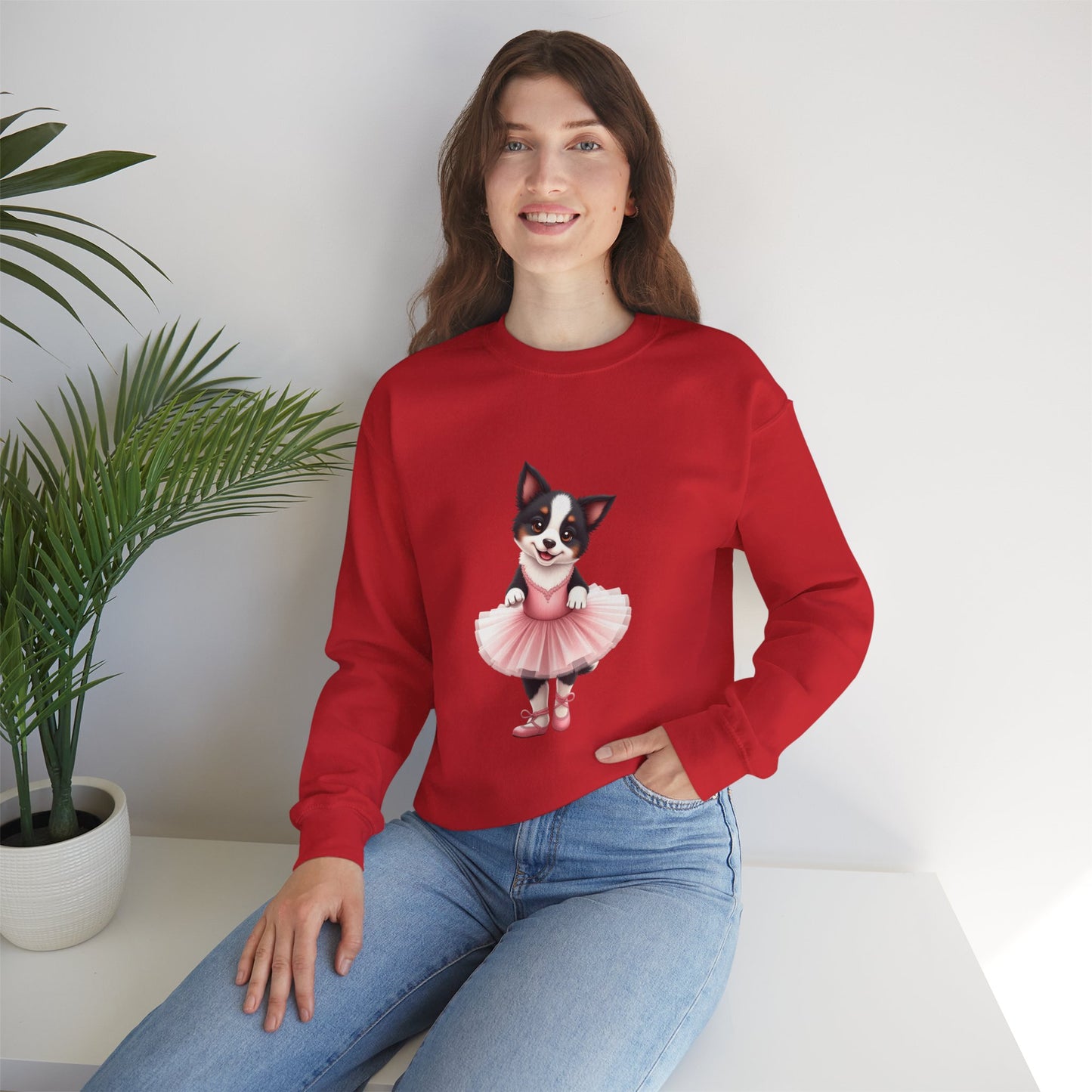 Cute Ballet Dog Crewneck Sweatshirt - Dancing Puppy in Pink Tutu Design | Kawaii Animal Lover Gift