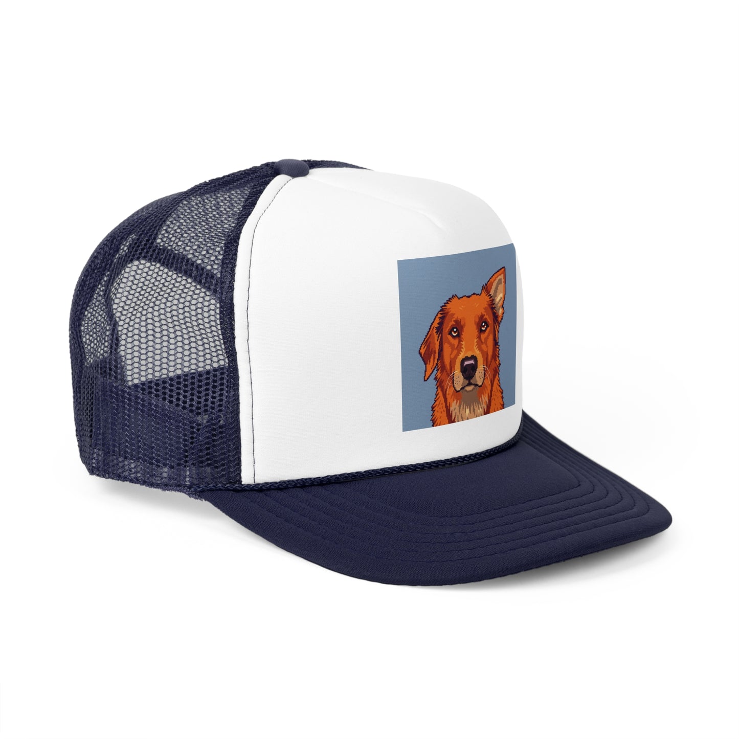 Pixel Art Dog Trucker Cap - Retro Gaming Golden Retriever Design - Unisex Adjustable Cap