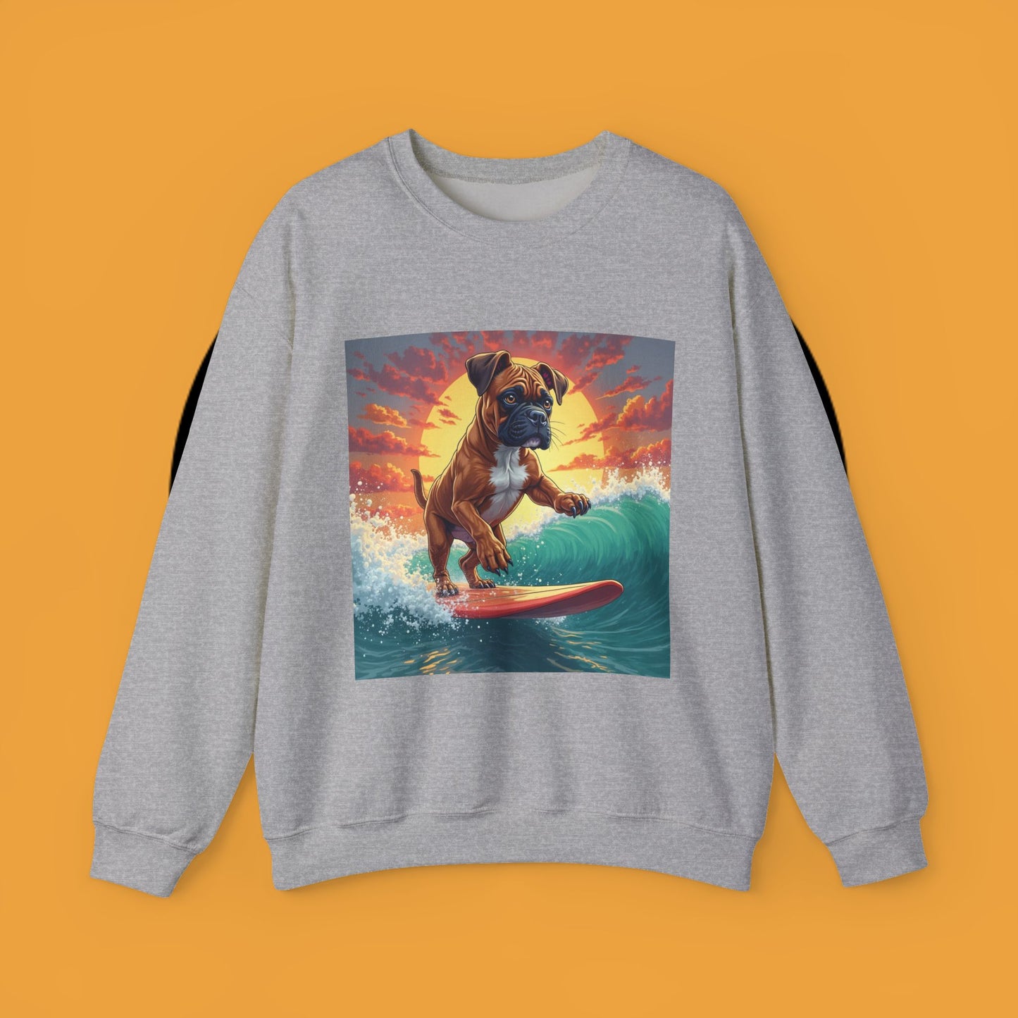 Surfing Boxer Dog Crewneck Sweatshirt | Funny Beach Surfer Gift | Epic Wave Riding Pup Design