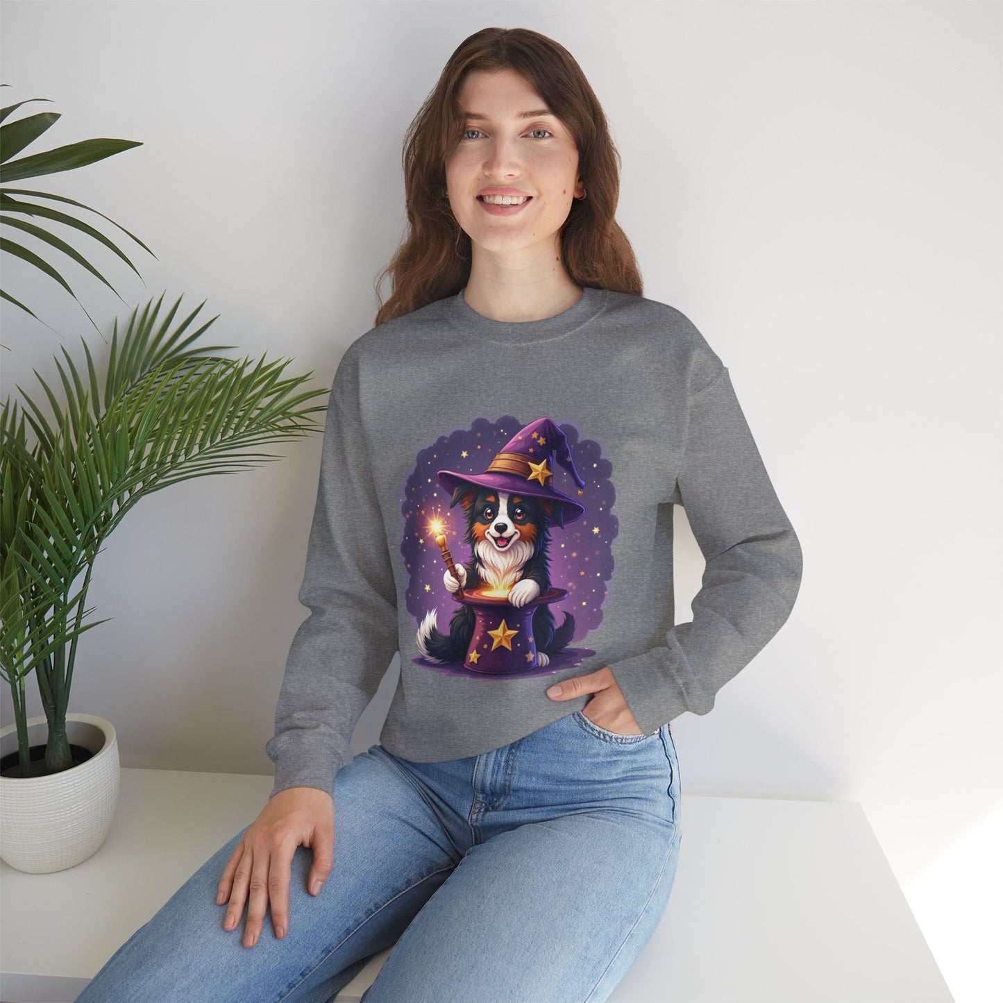 Magical Wizard Dog Crewneck Sweatshirt - Adorable Puppy Magician with Hat & Wand | Fantasy Pet Lover Gift Tee
