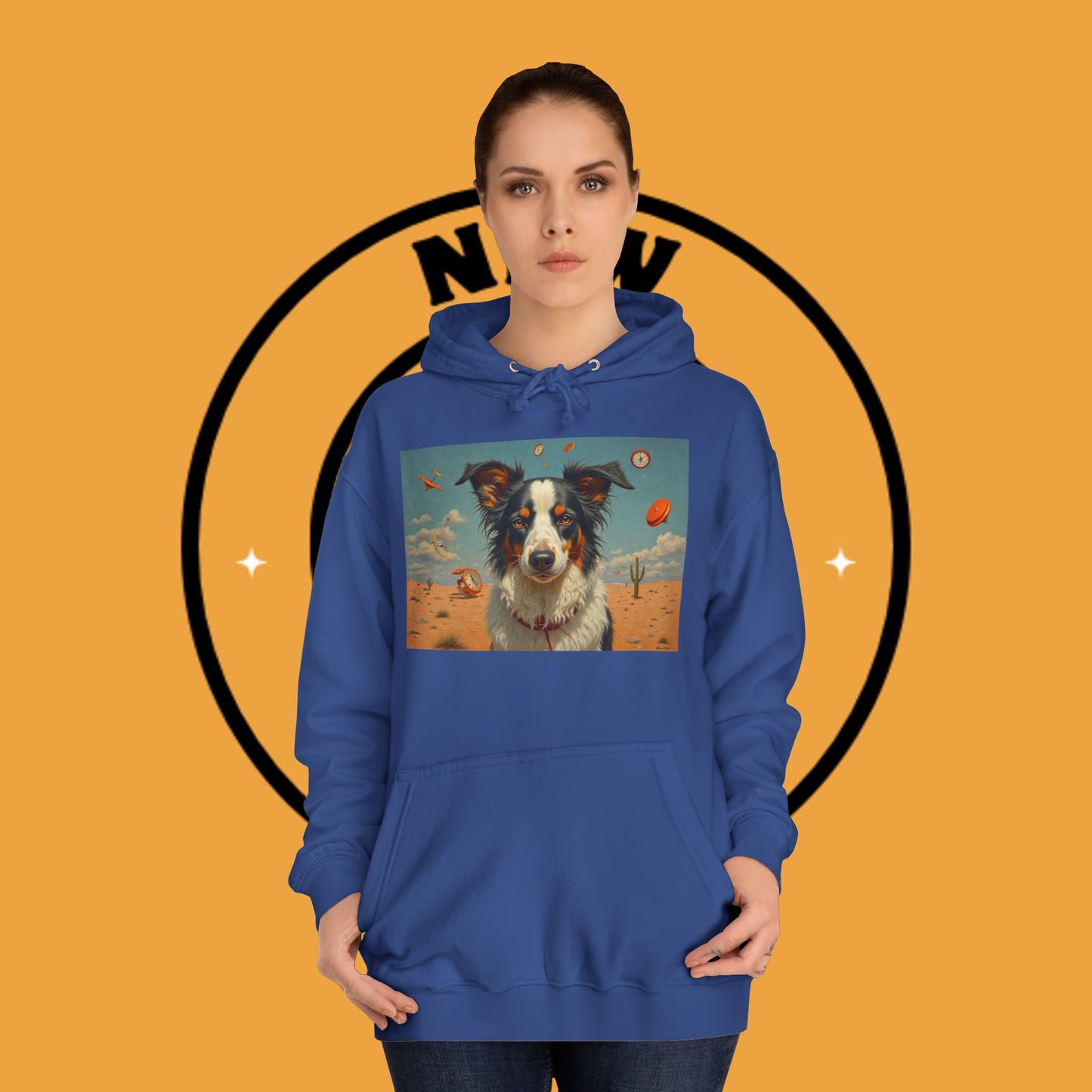 "Surreal Border Collie Time Desert Hoodie - Flying Clocks Artistic Dog Sweatshirt | Dreamlike Fantasy Design"