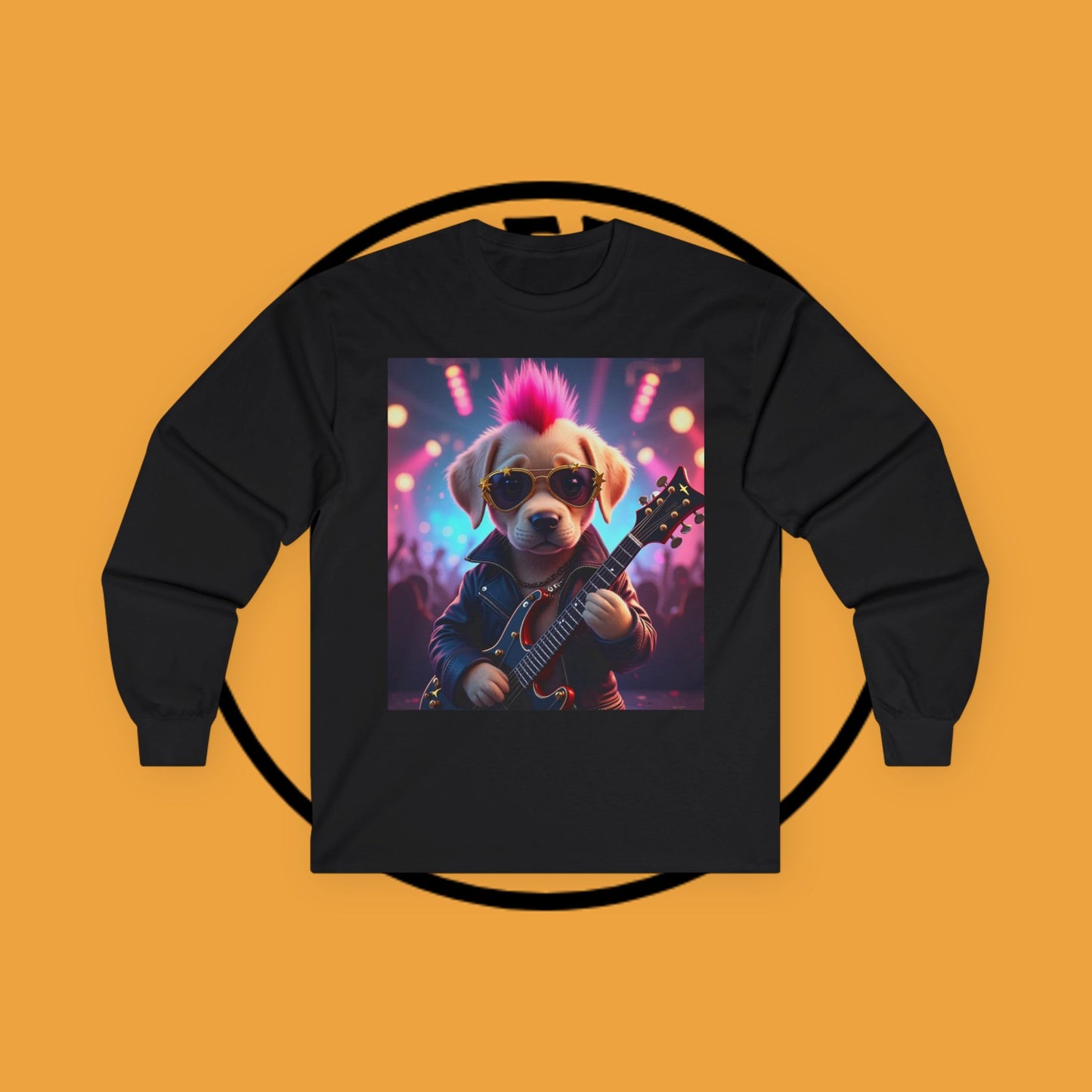 Long Sleeve T-Shirt - Punk Puppy with Electric Guitar - Design for Music Lovers Rockin' - Dog with Electric Guitar and Pink Mohawk - 🎸🐾