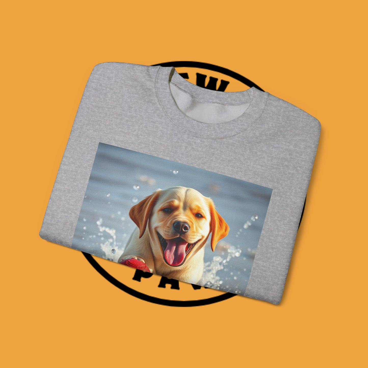 Unisex Dog Lover Crewneck Sweatshirt Labrador Puppy Playing with a Ball on the Beach - Photo of a Happy Dog Running in the Water