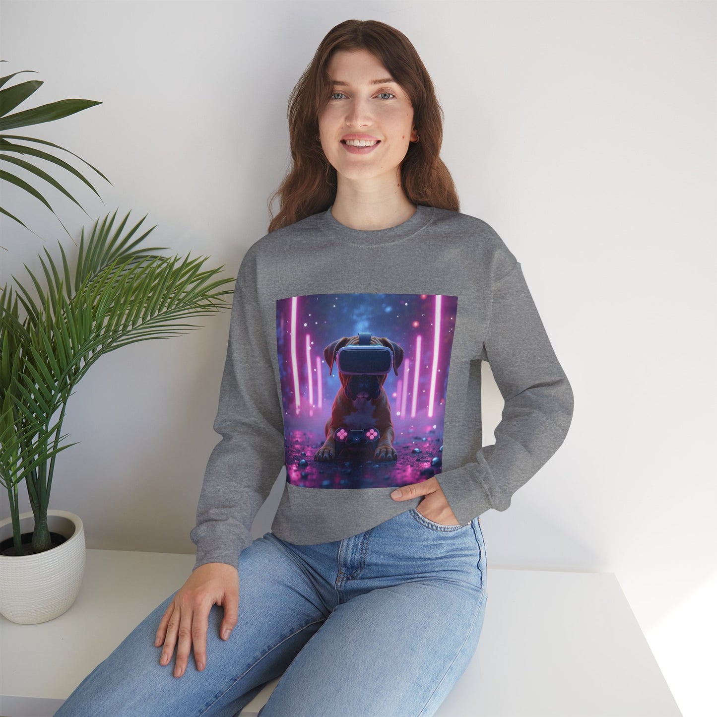 VR Gaming Boxer Dog Crewneck Sweatshirt | Funny Gamer Gift | Virtual Reality Puppy Design