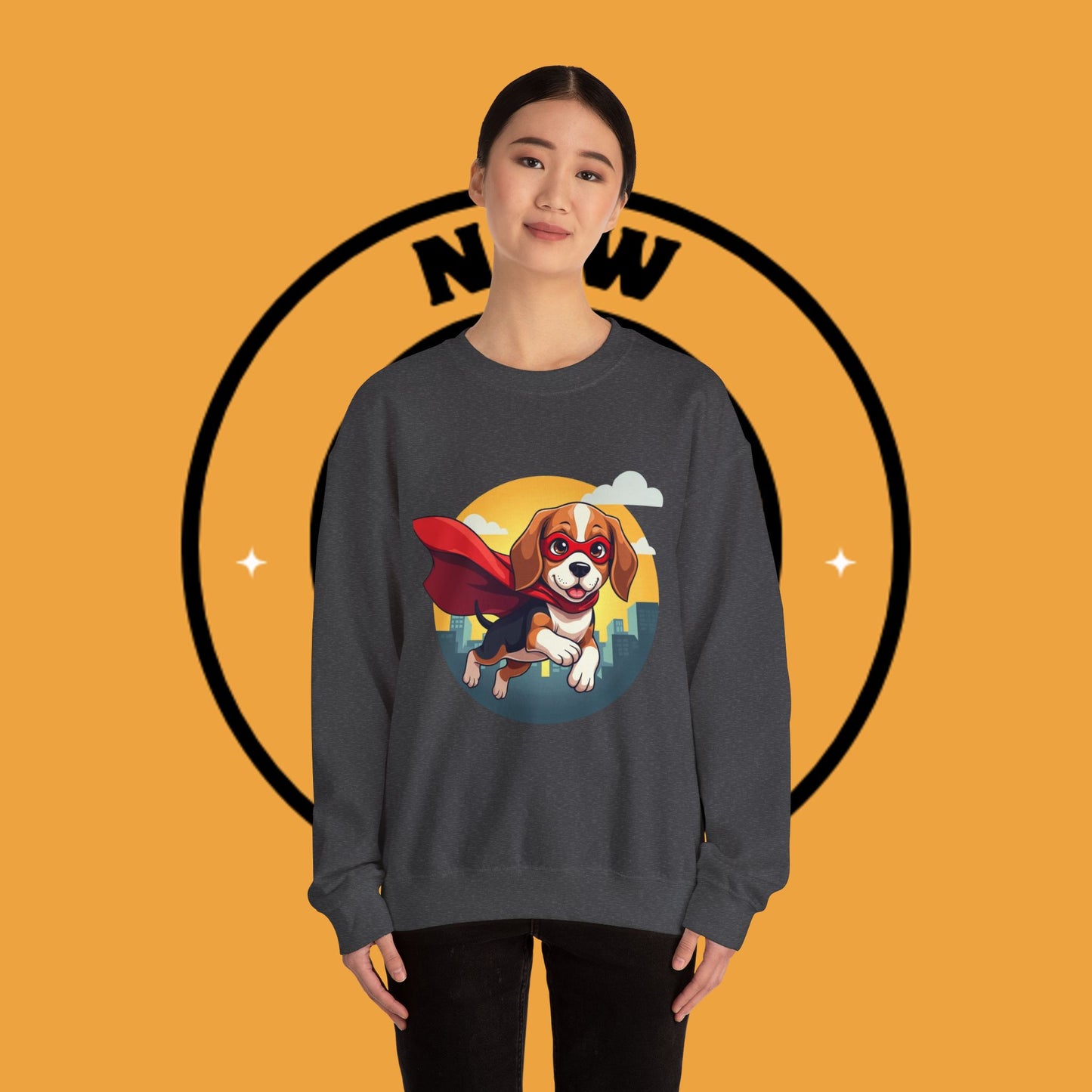 Superhero Dog Crewneck Sweatshirt - Flying Beagle Design with Red Cape and Mask