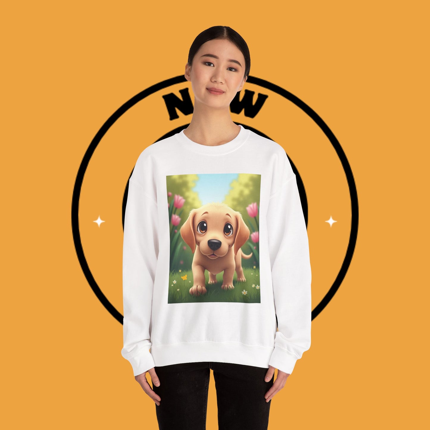 Adorable Golden Retriever Puppy in a Garden with Flowers - Cute Puppy Photo kawaii style