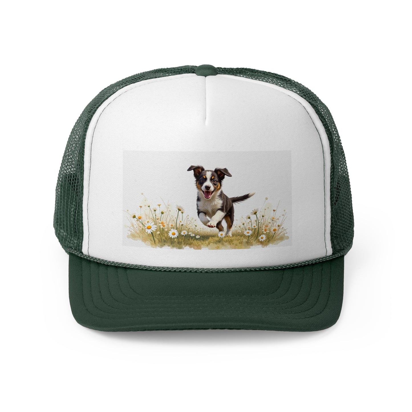Happy Puppy in Daisies Trucker Hat - Joyful Dog Running Cap - Spring Meadow Baseball Hat