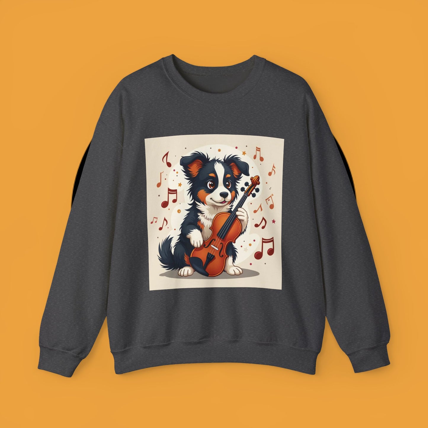 Music Dog Crewneck Sweatshirt - Cute Puppy Violinist with Musical Notes Design | Musician Gift