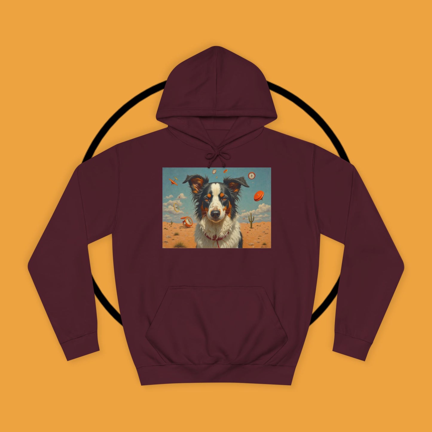 "Surreal Border Collie Time Desert Hoodie - Flying Clocks Artistic Dog Sweatshirt | Dreamlike Fantasy Design"