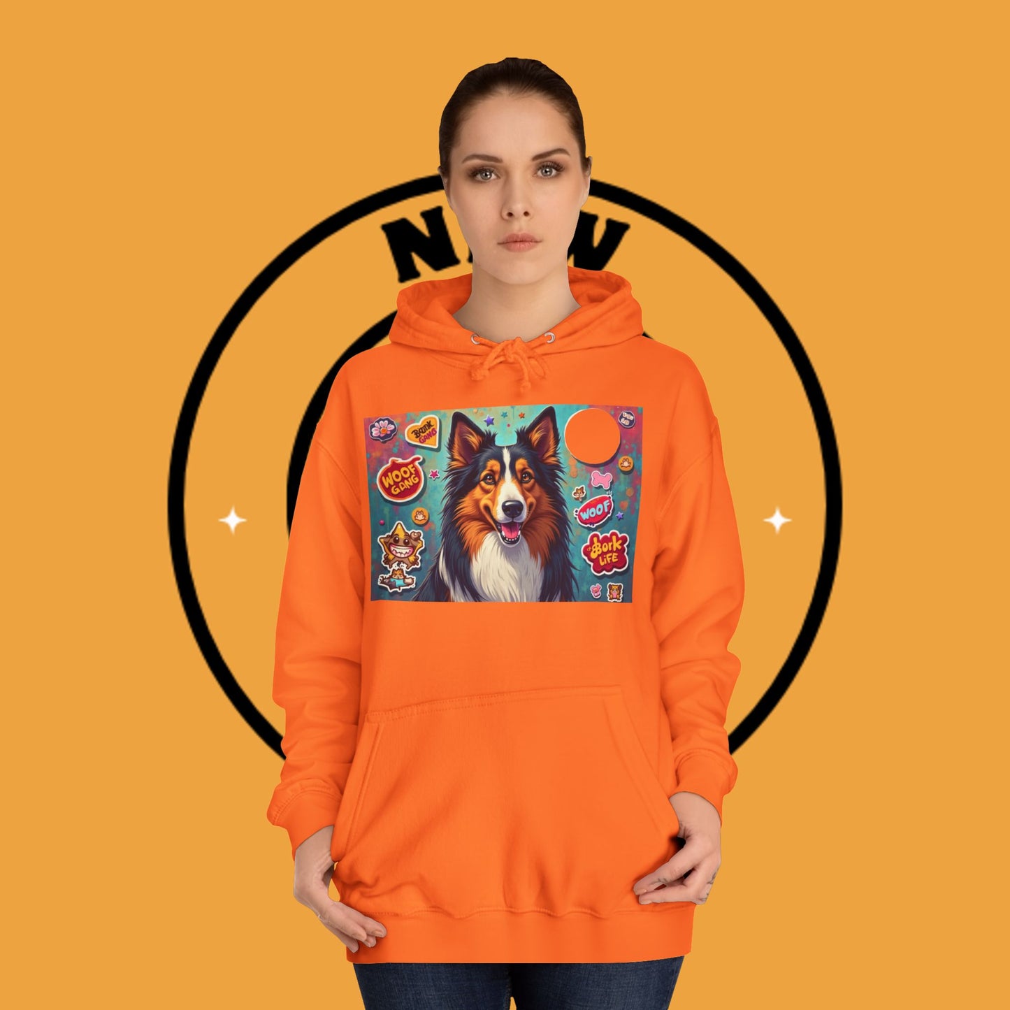 "Dog Sticker Pack Hoodie - Vibrant Collie with Fun Dog Patches Design | Millennial Pet Lover Streetwear"