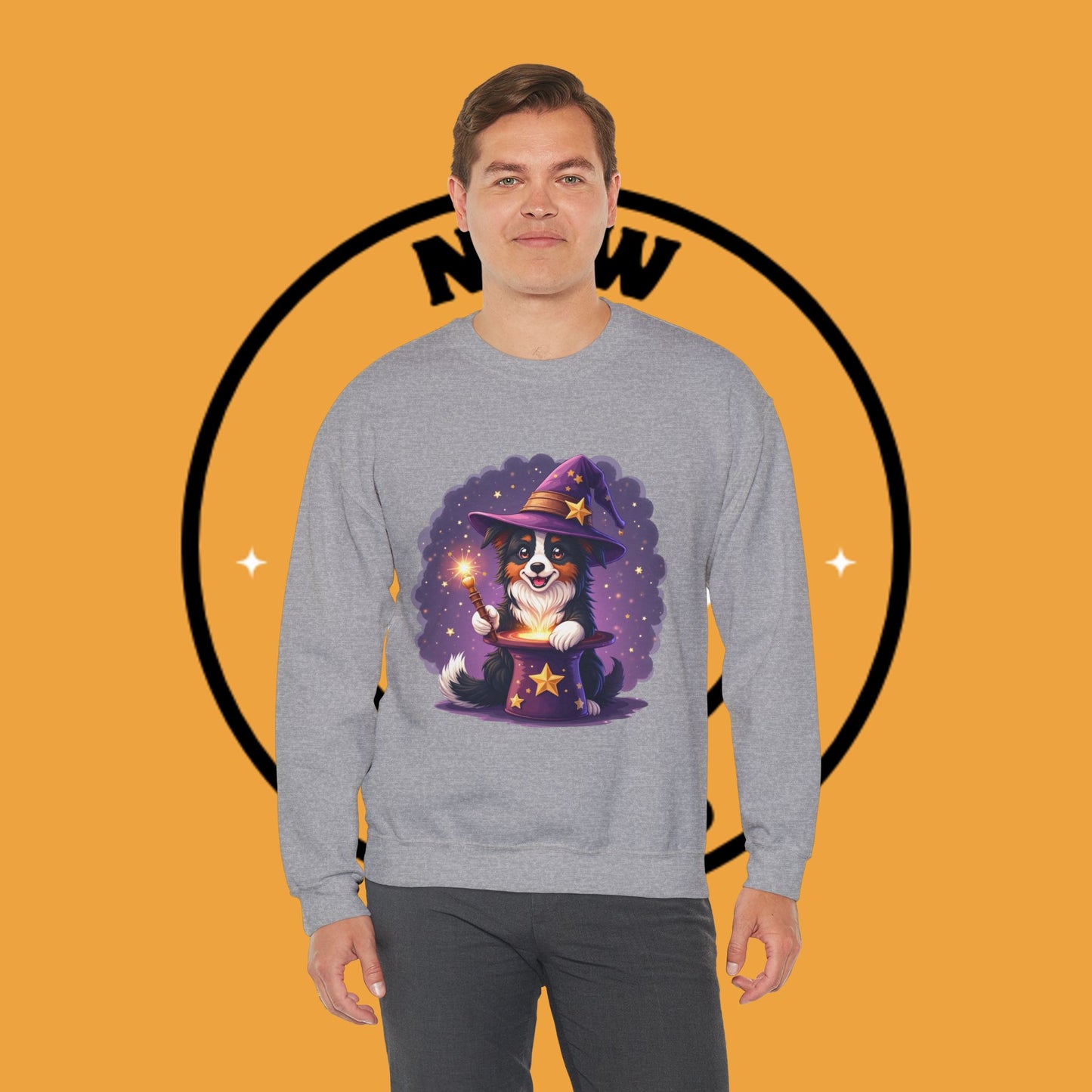 Magical Wizard Dog Crewneck Sweatshirt - Adorable Puppy Magician with Hat & Wand | Fantasy Pet Lover Gift Tee