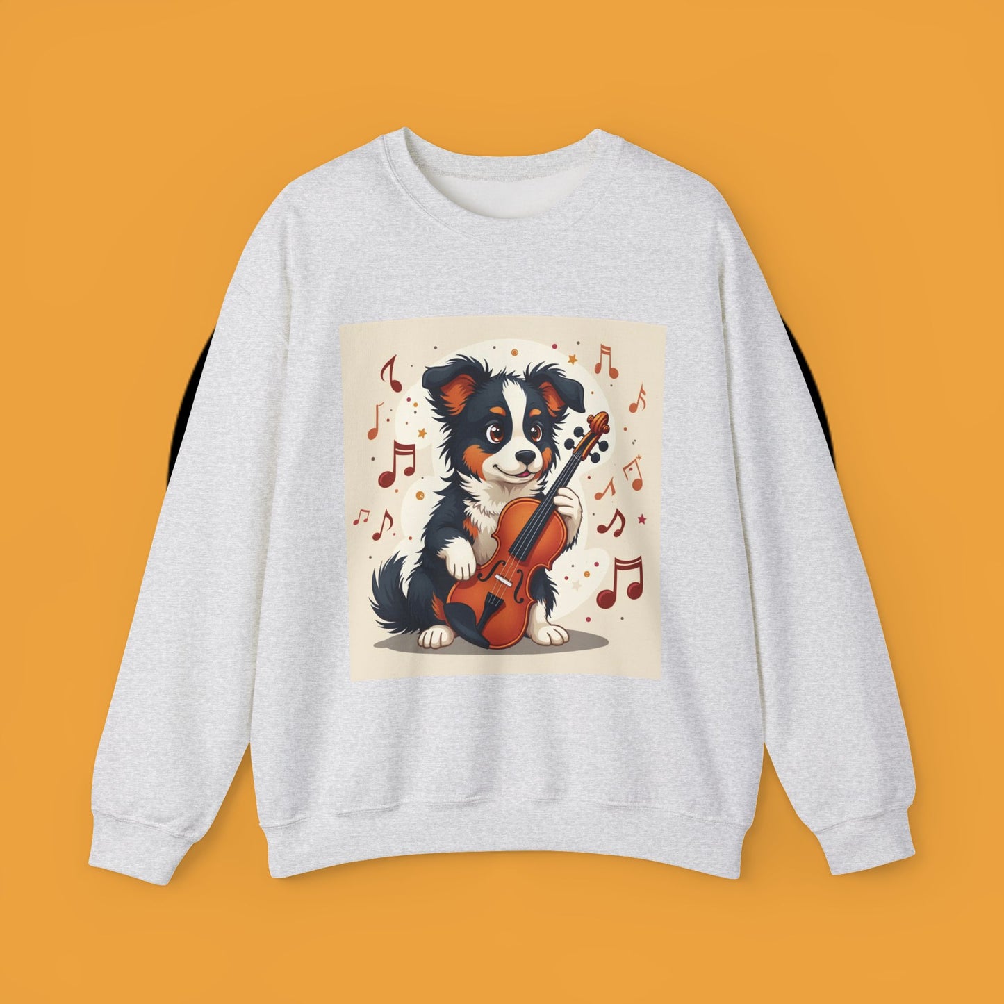 Music Dog Crewneck Sweatshirt - Cute Puppy Violinist with Musical Notes Design | Musician Gift