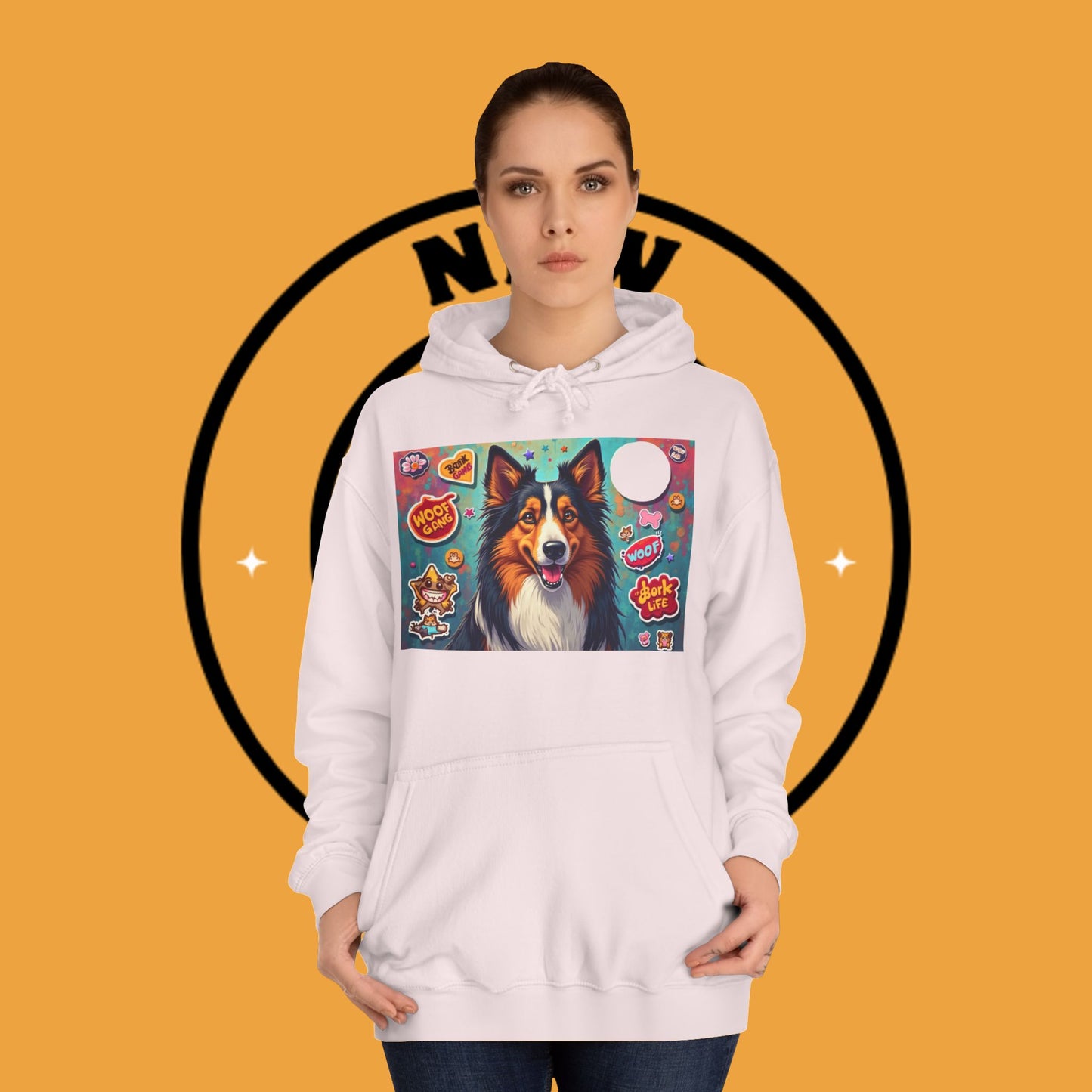 "Dog Sticker Pack Hoodie - Vibrant Collie with Fun Dog Patches Design | Millennial Pet Lover Streetwear"
