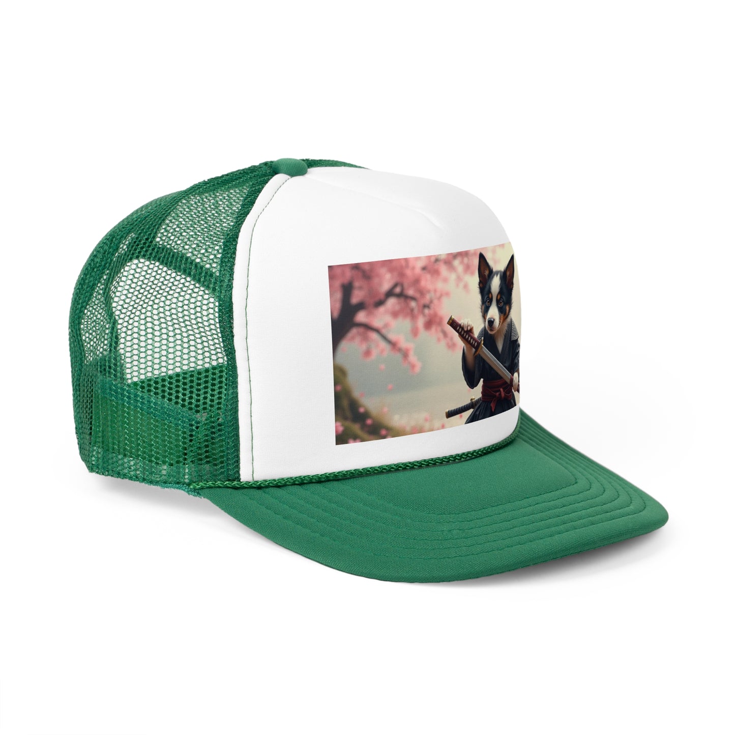 Samurai Puppy Trucker Hat - Japanese Warrior Dog Cap - Cherry Blossom Ninja Baseball Hat