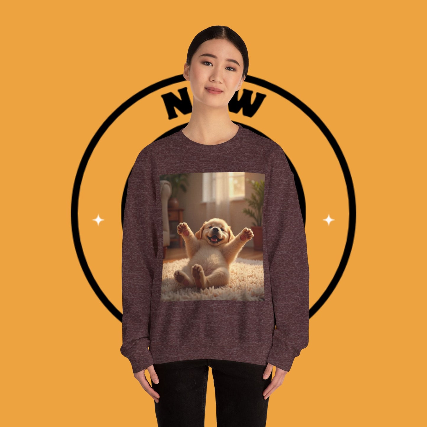 Unisex Dog Lover Crewneck Sweatshirt - Joyful Paws: Yellow Lab Puppy Stretching on Plush Carpet
