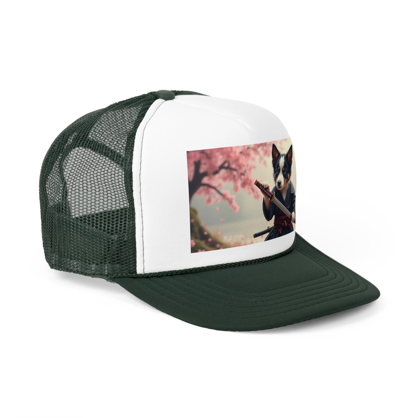 Samurai Puppy Trucker Hat - Japanese Warrior Dog Cap - Cherry Blossom Ninja Baseball Hat