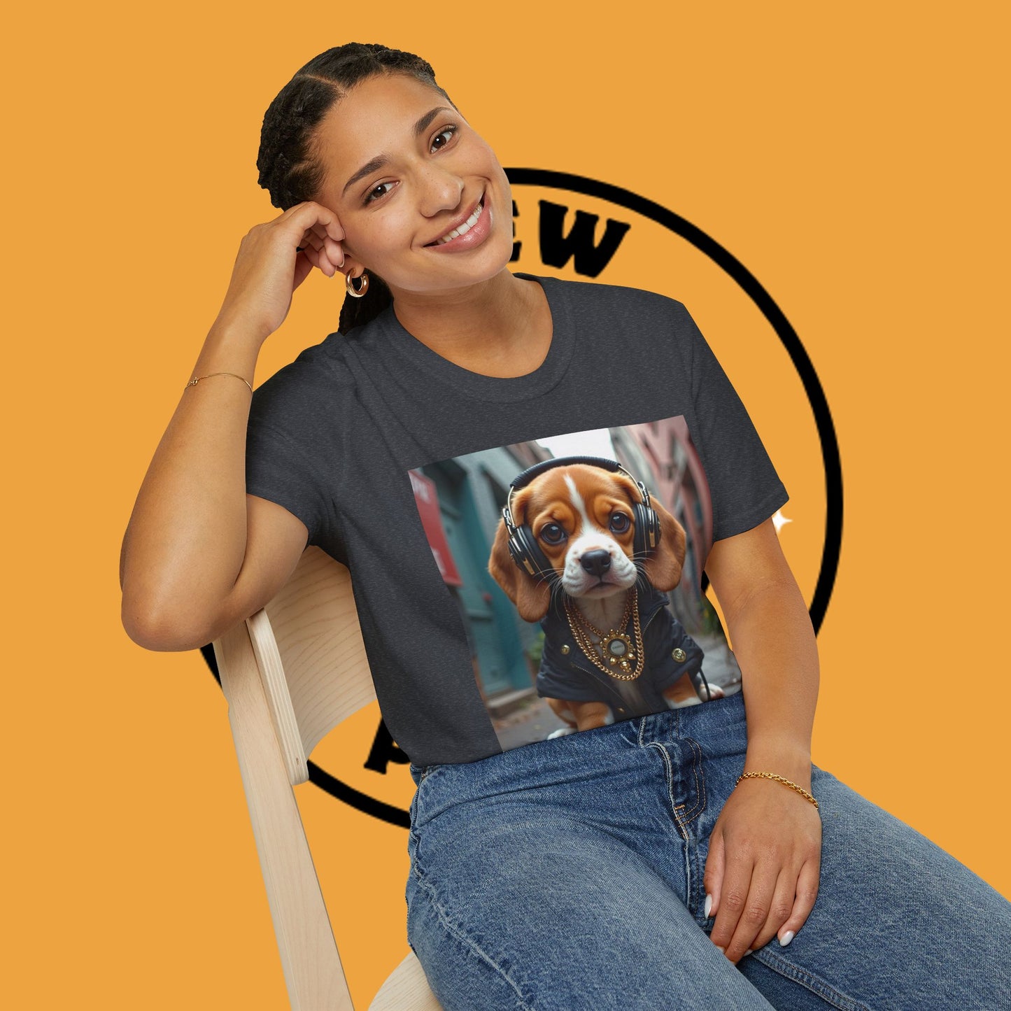 Hip Hop Beagle Dog T-Shirt - Cool Puppy with Headphones & Gold Chains Graphic Tee