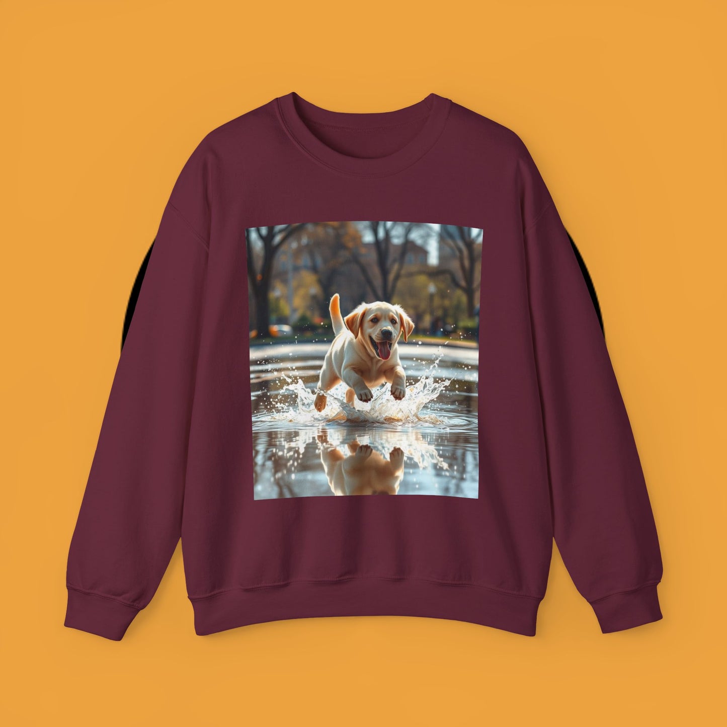 Unisex Dog Lover Crewneck Sweatshirt -Labrador Puppy Running in Water - Happy Dog Splashing in Puddle