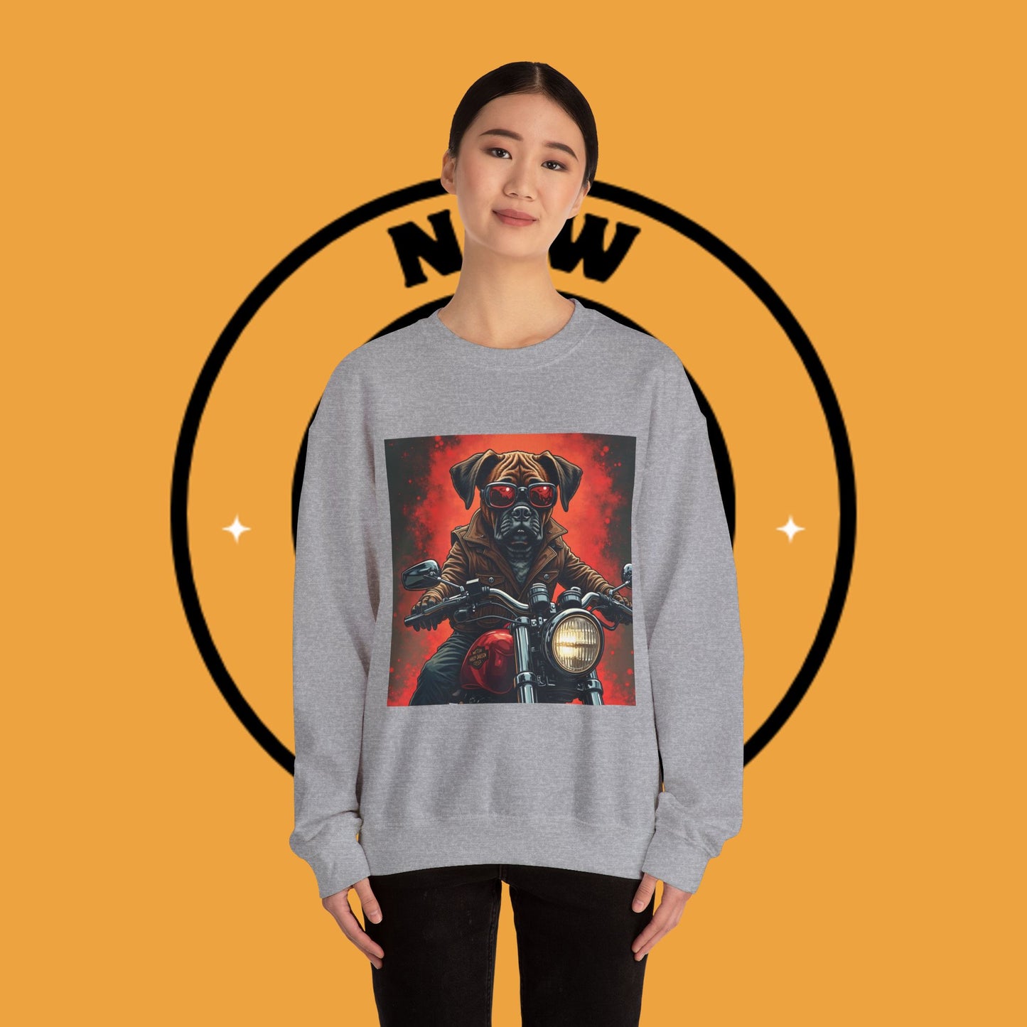 Biker Boxer Dog Crewneck Sweatshirt - Motorcycle Rebel Pup Design - Badass Pet Lover Style