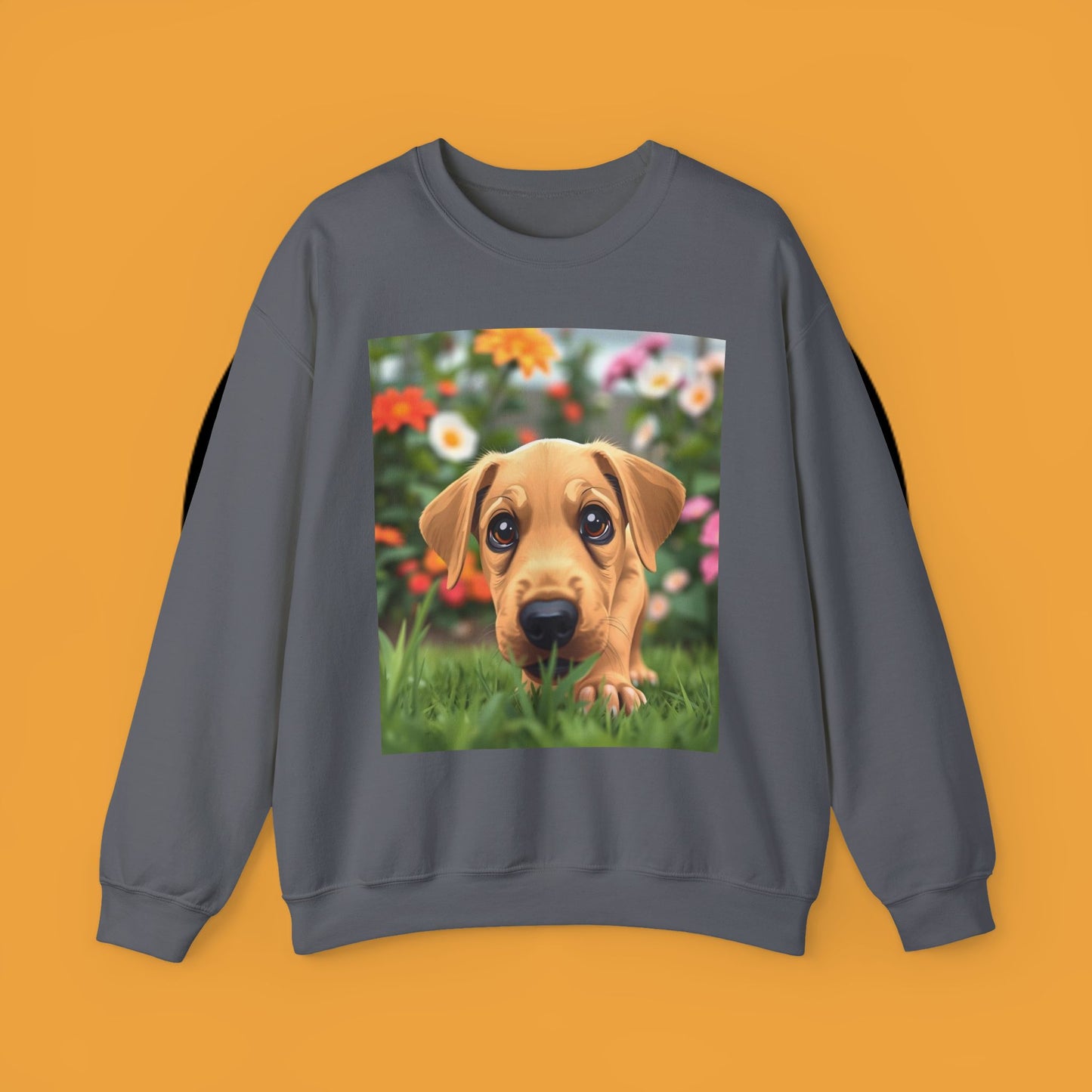 Unisex Dog Lover Crewneck Sweatshirt - Cute puppe with big eyes in floral garden