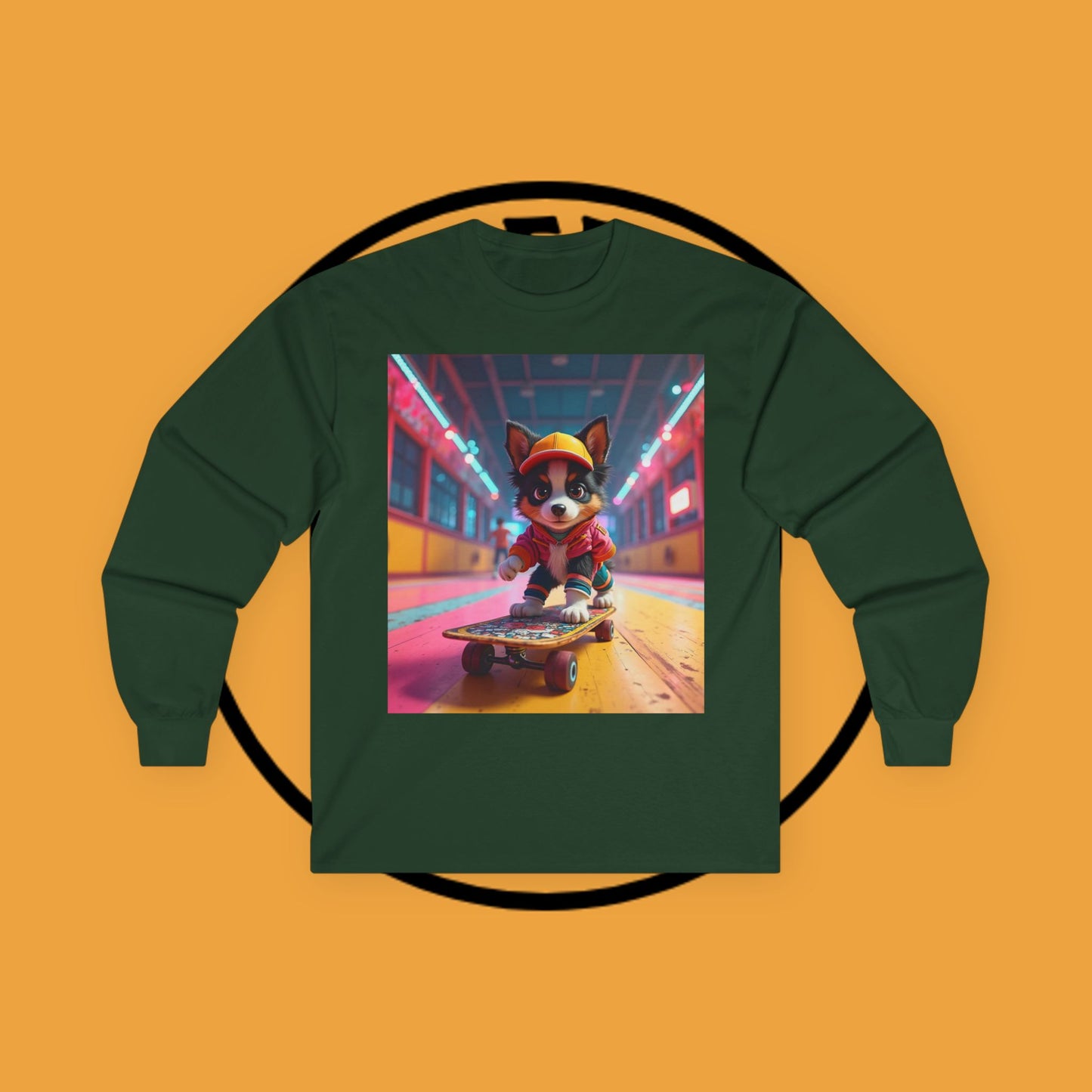 "Cool Skateboarding Puppy Long Sleeve Tee - Urban Street Art Dog Shirt - Cyberpunk Neon Skater Apparel"