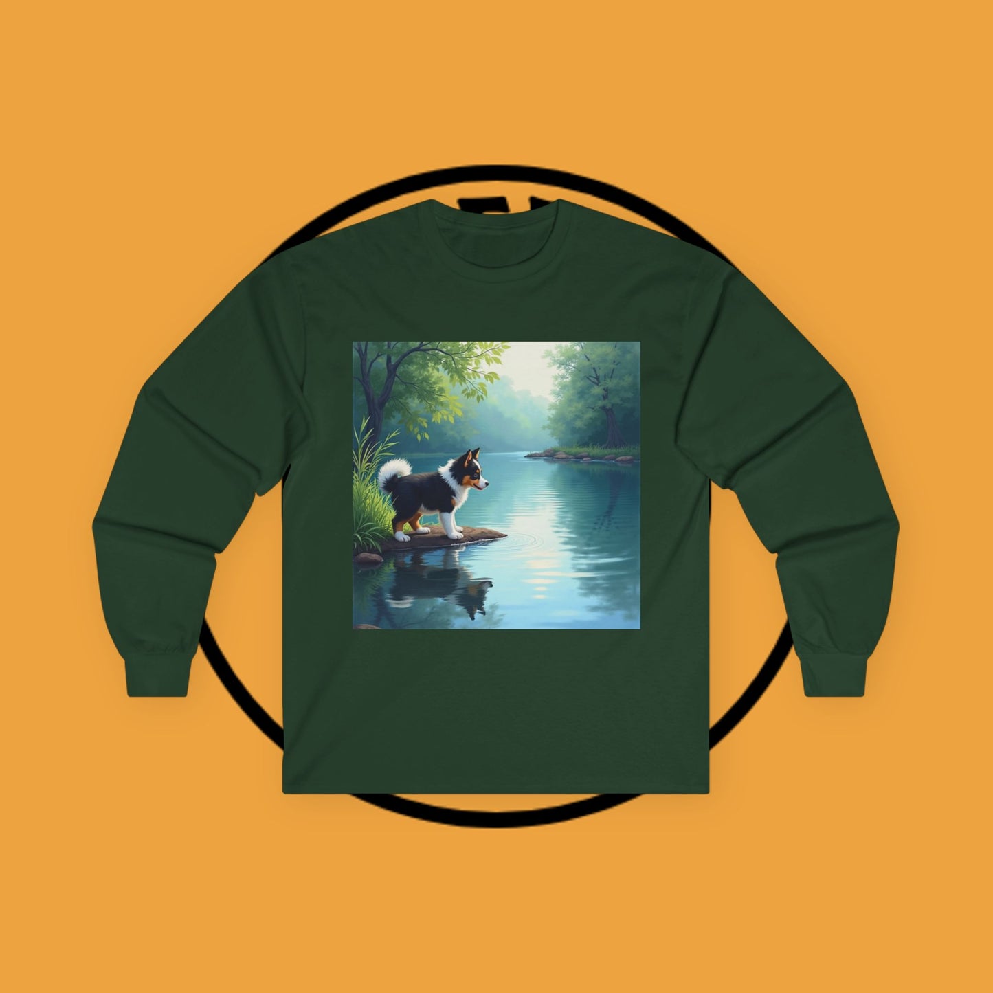 "Adorable Puppy by Tranquil Lake Long Sleeve Tee - Peaceful Nature Dog Art Shirt - Serene Landscape Apparel"