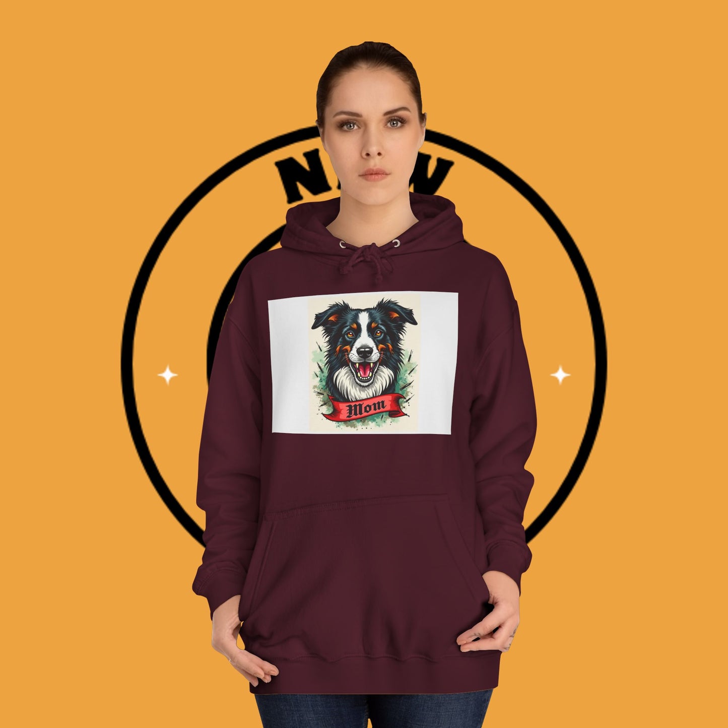 "Border Collie Mom Tattoo Style Hoodie - Vintage Dog Mother Banner Design Sweatshirt | Bold Statement Wear"